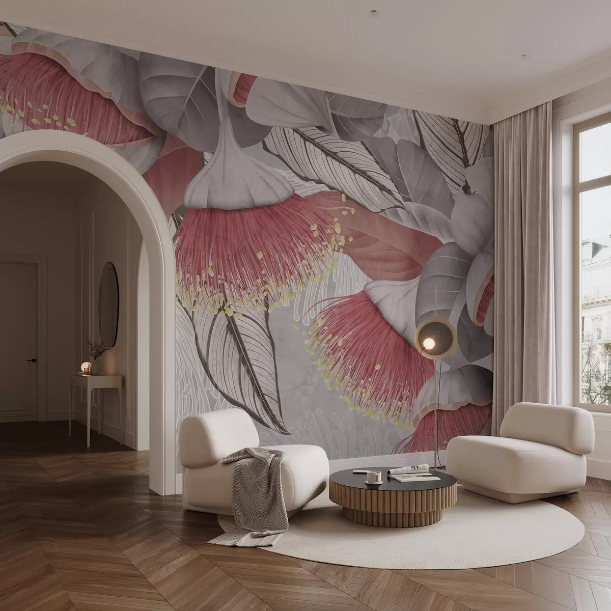 fototapet Ilustrație botanică de flori mari, eucaliptus cu stamine lungi pe un fundal gri și alb w08539