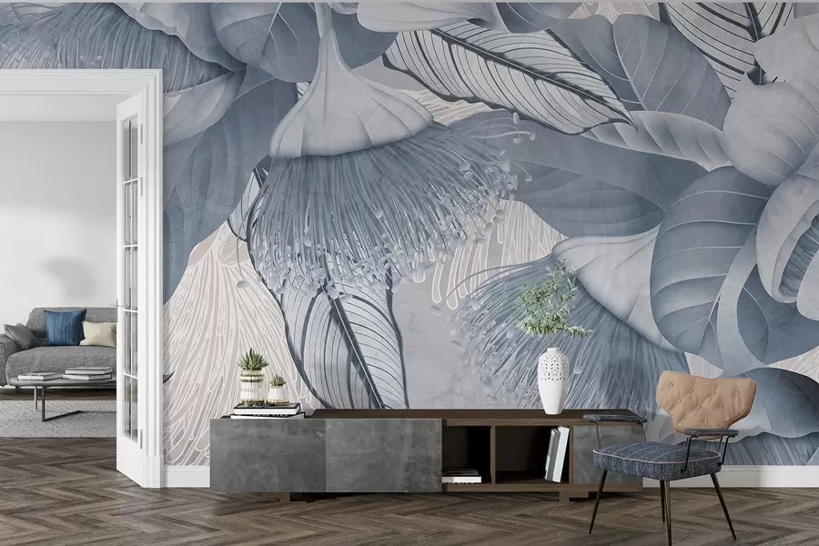 fototapet Ilustrație botanică de flori mari, eucaliptus albastru cu stamine lungi pe un fundal gri și alb w08539v1