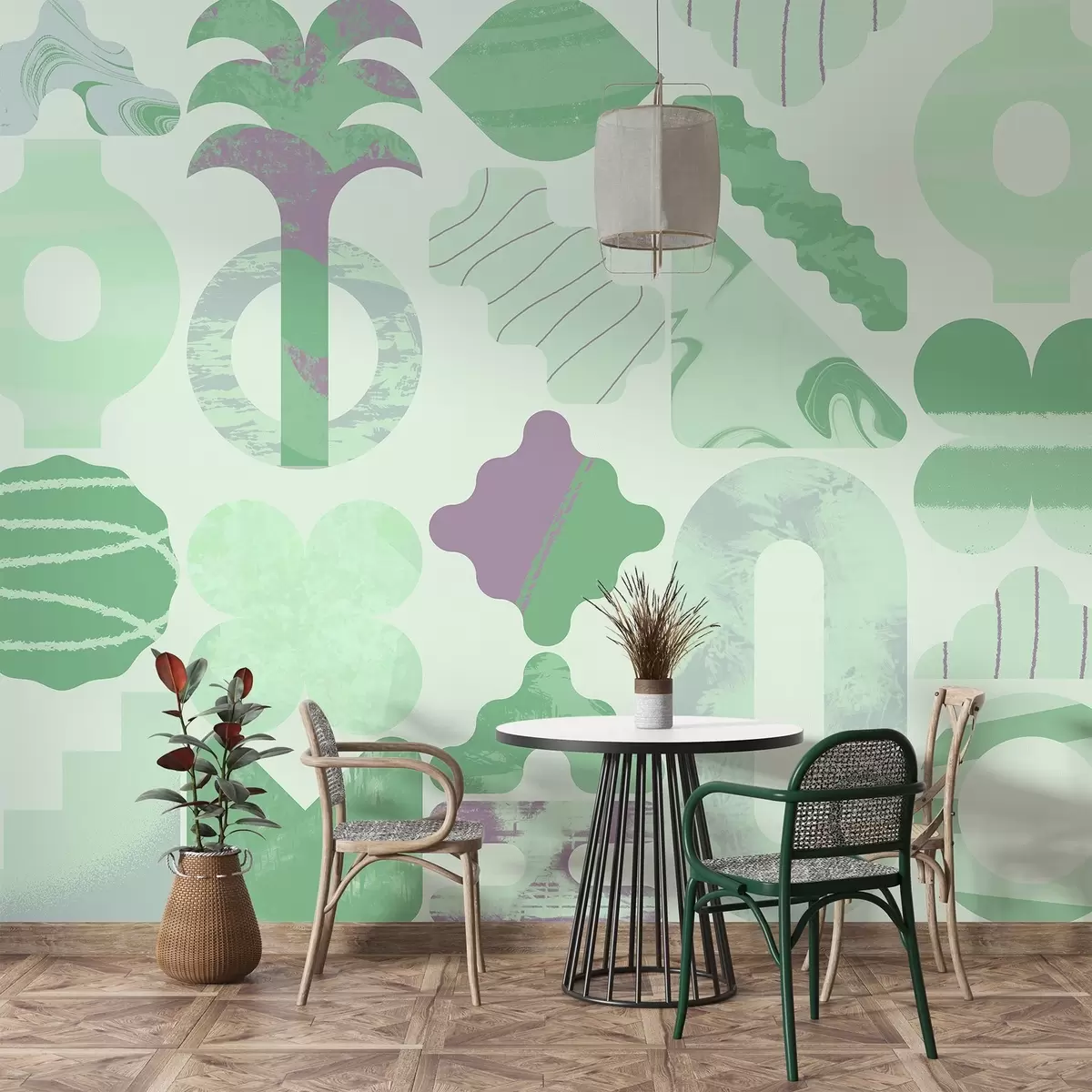 fototapet diverse forme interesante, geometrie modernă în culori verzi w02550v2