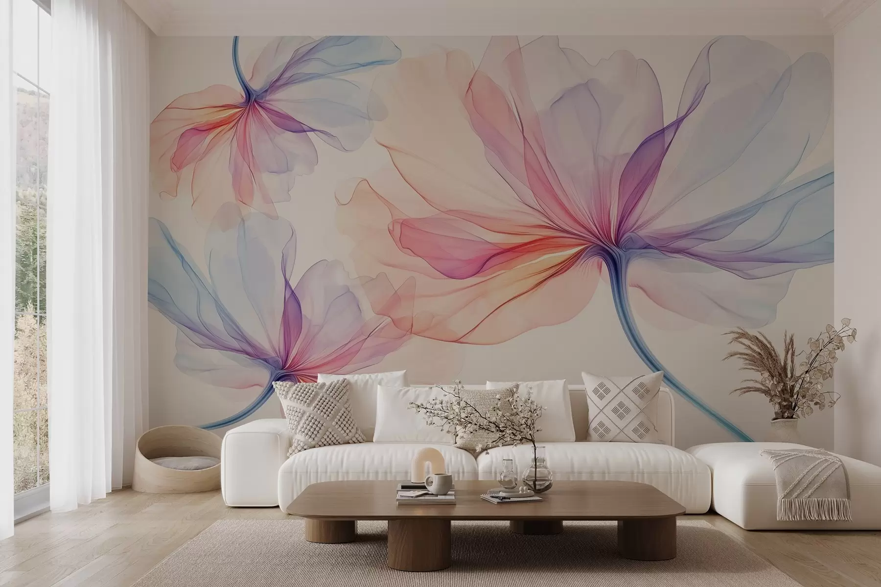 fototapet flori proaspete transparente colorate pe un fundal bej w02631