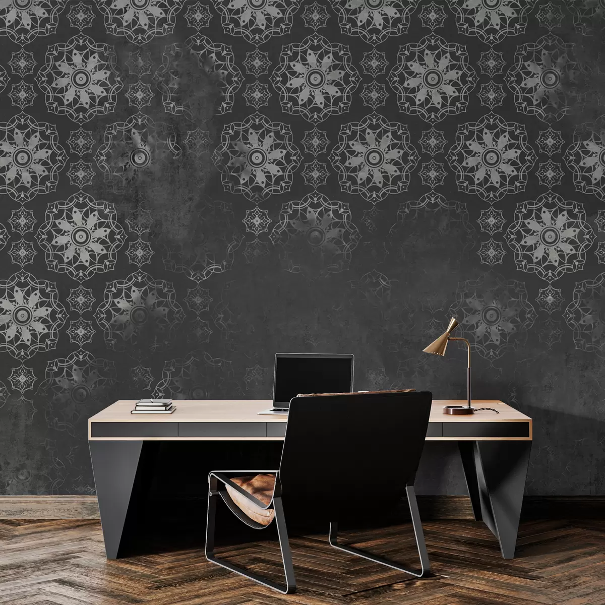 fototapet Design vintage cu elemente mandala și efect de deteriorare în gri w02551v1