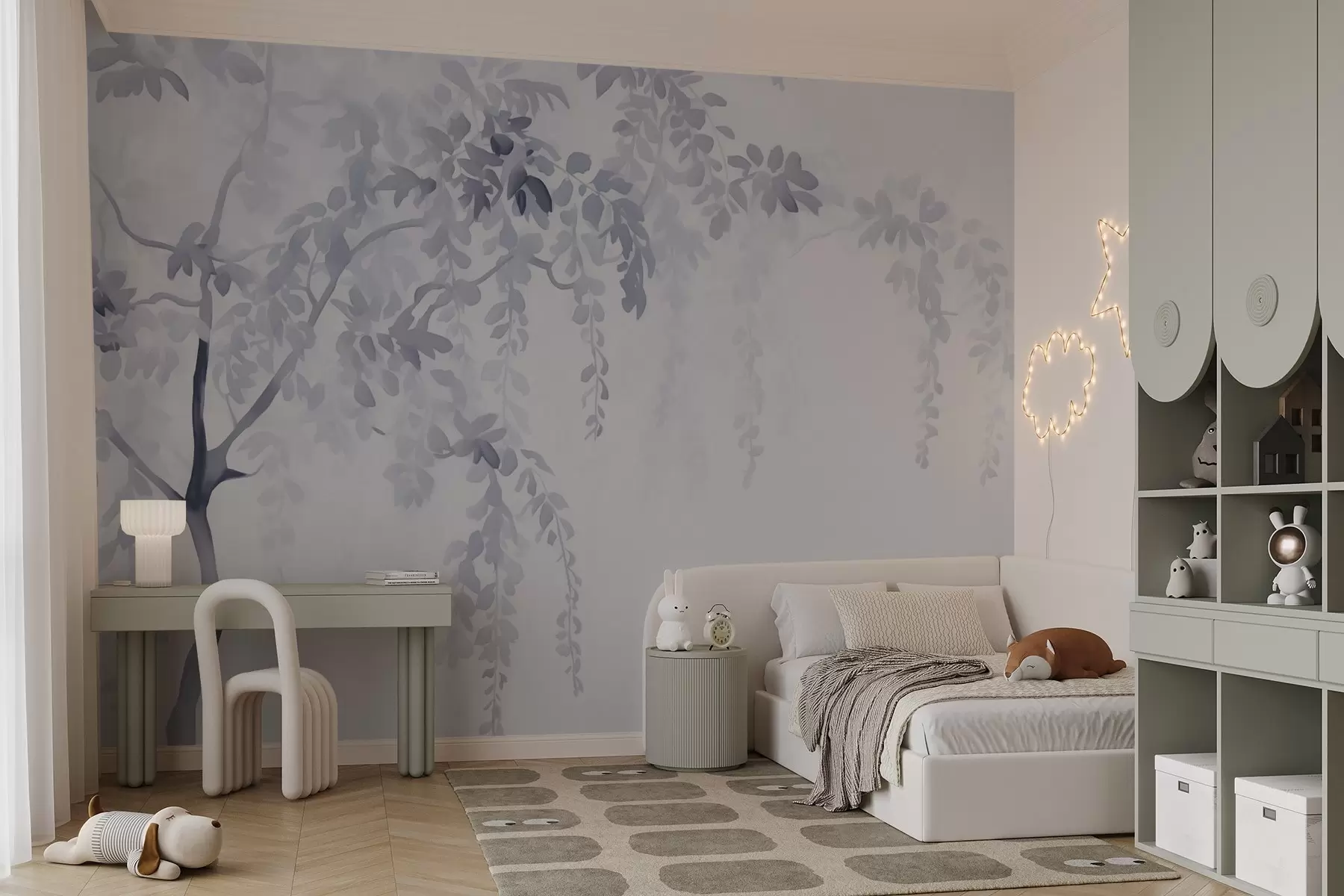 fototapet Siluetă de copac acacia cu ramuri și frunze în stil acuarelă w02635v1