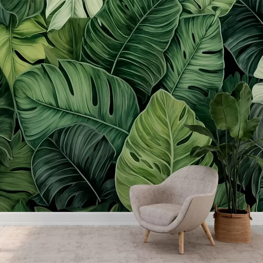 fototapet Frunze de monstera tropicală în diferite nuanțe de verde w02579