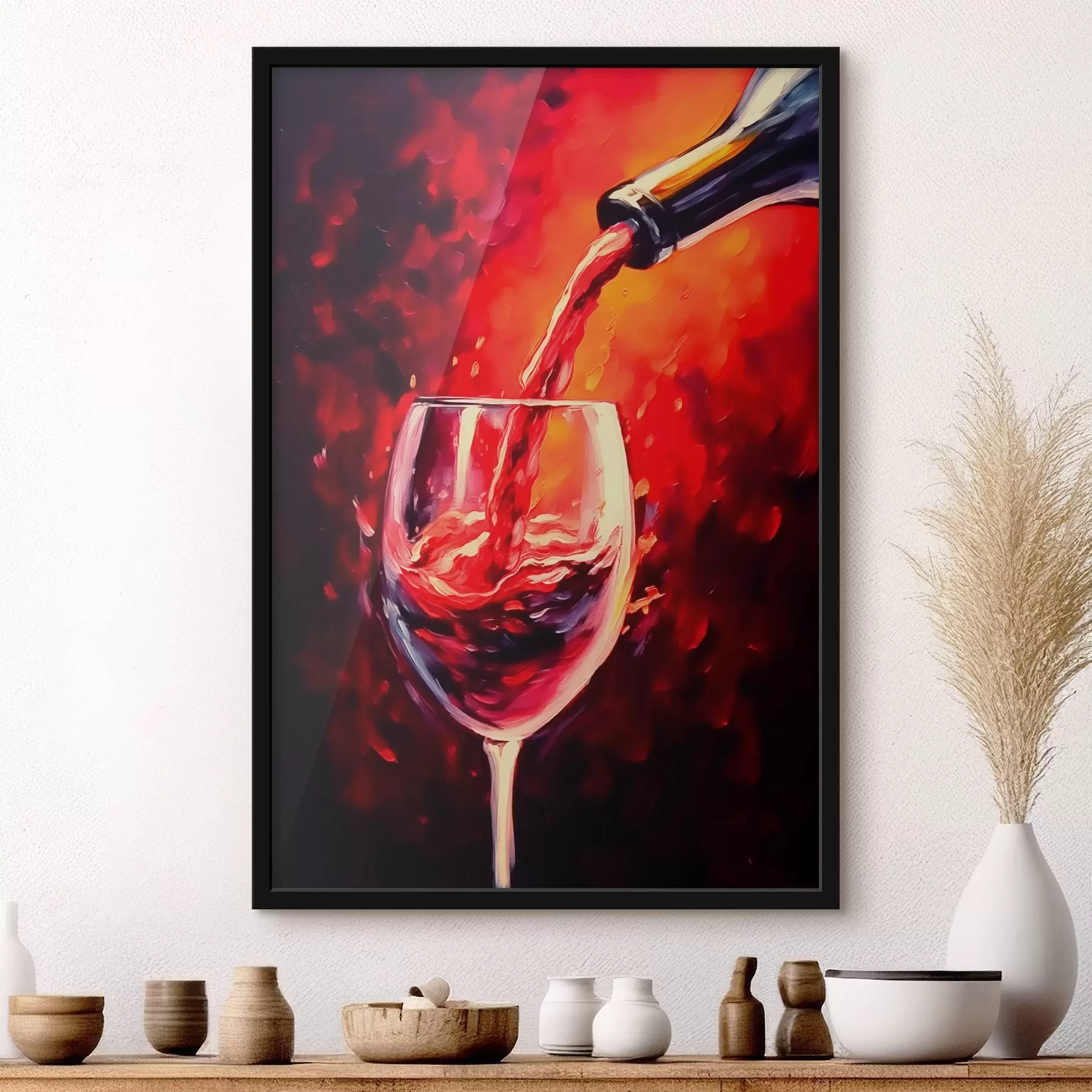Tablouri Vin roșu într-un pahar pe fundalul strălucirii focului f42162