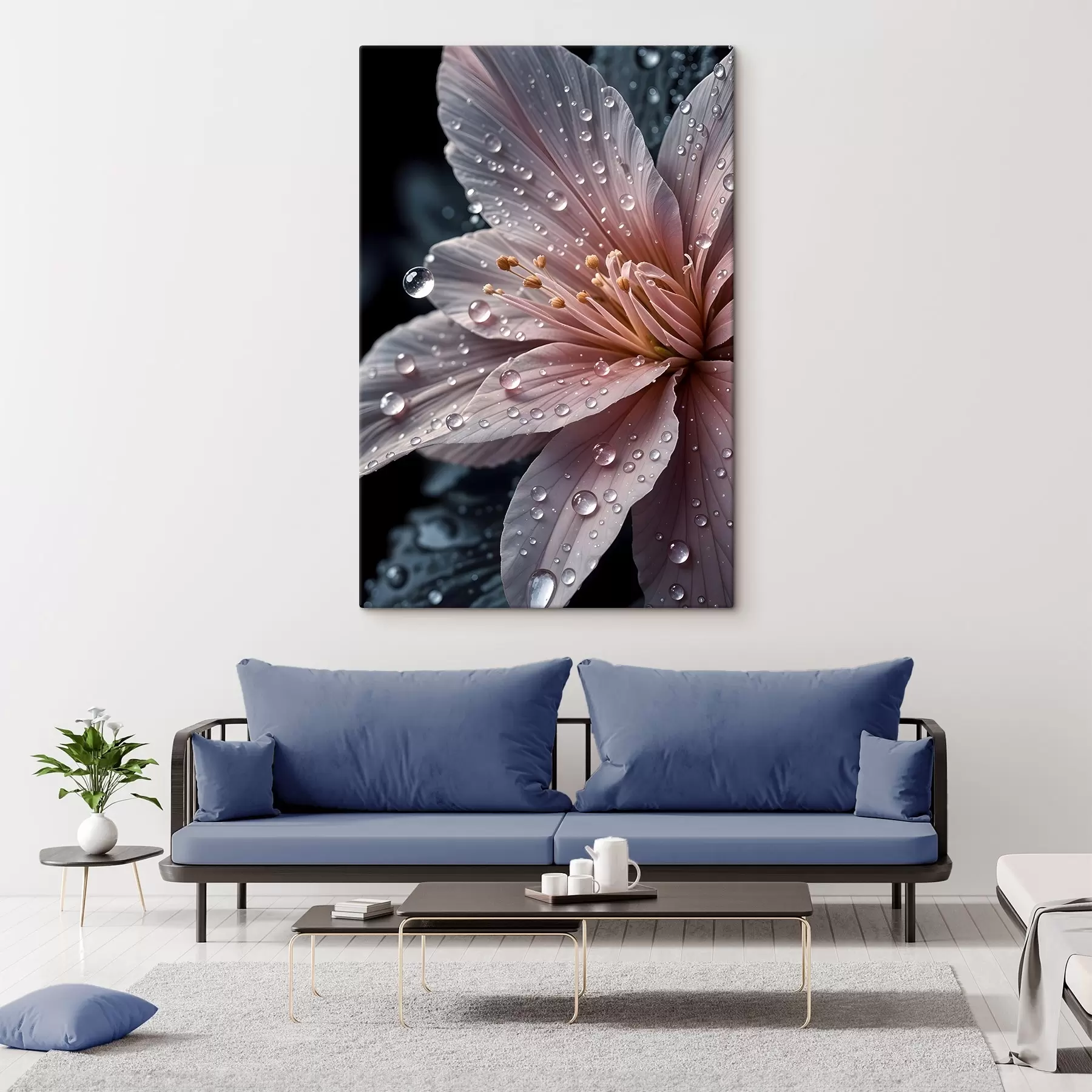 fototapet Un prim-plan al unei flori roz cu petale delicate acoperite cu picături de apă, pe un fundal întunecat  s42237