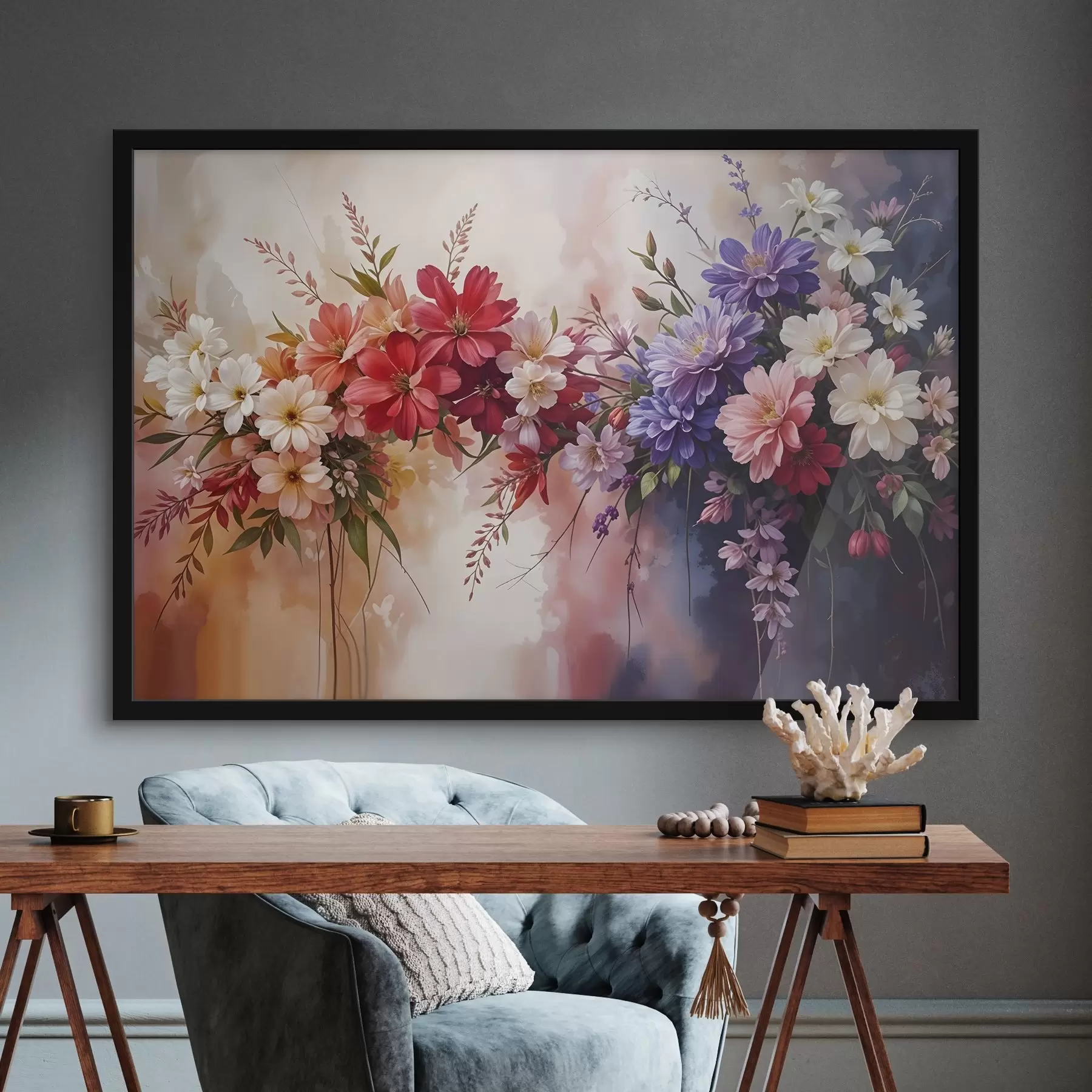 fototapet Flori colorate, inclusiv dalii roșii, roz și violet, margarete și alte flori pe un fundal blând, neclar f42234