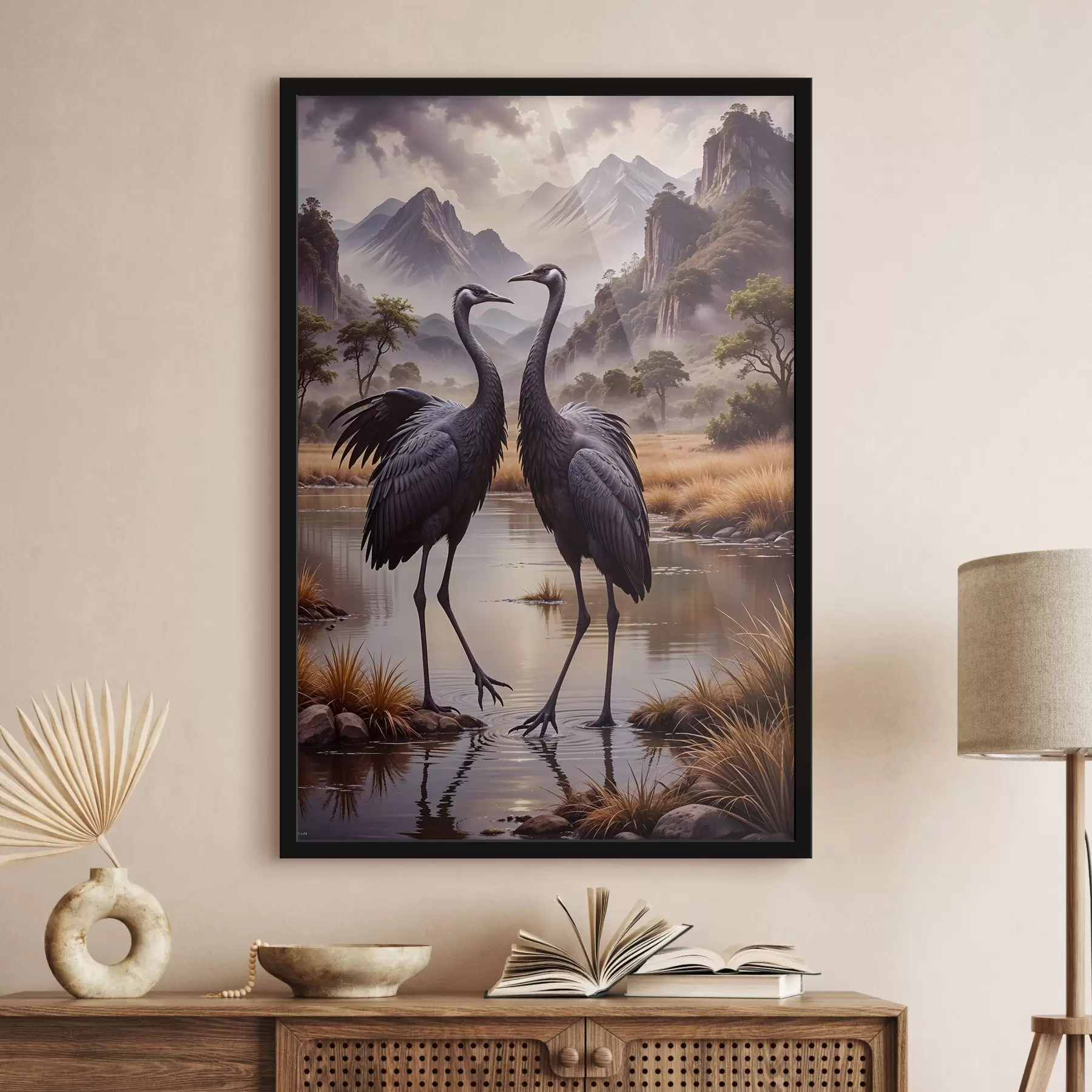 fototapet Două macarale negre mari în picioare într-un iaz puțin adânc , cu un peisaj muntos în fundal f42240