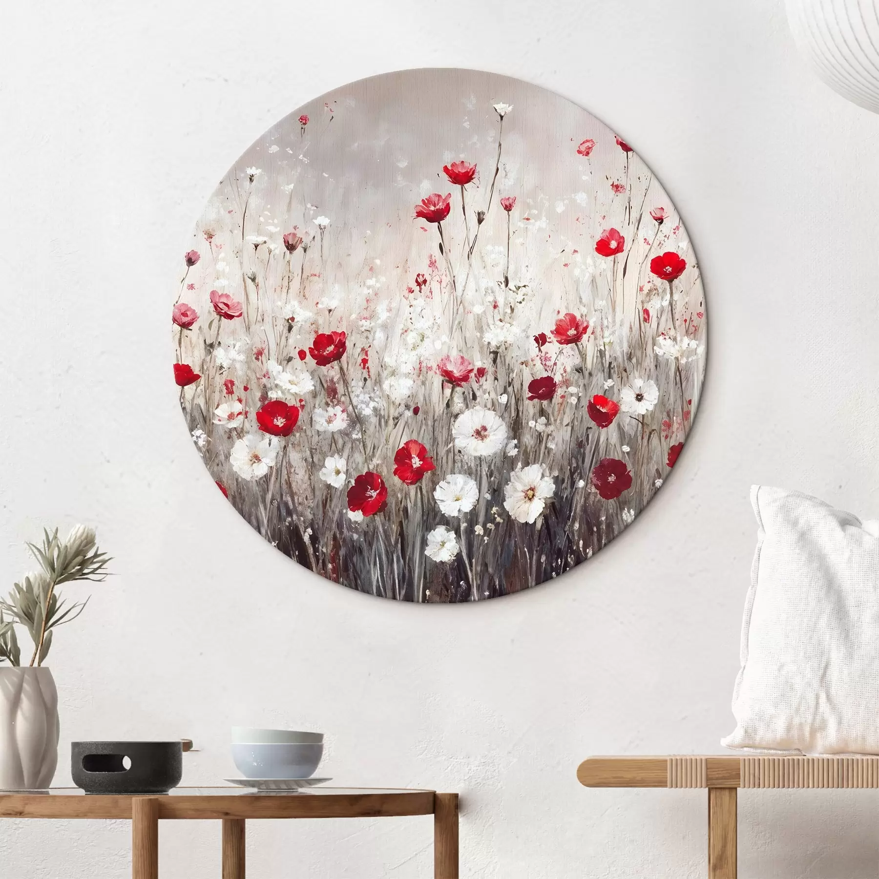 Tablouri Imitație abstractă de pictură în ulei un câmp de flori roșii și albe maci și margarete pe un fundal gri textural r42213