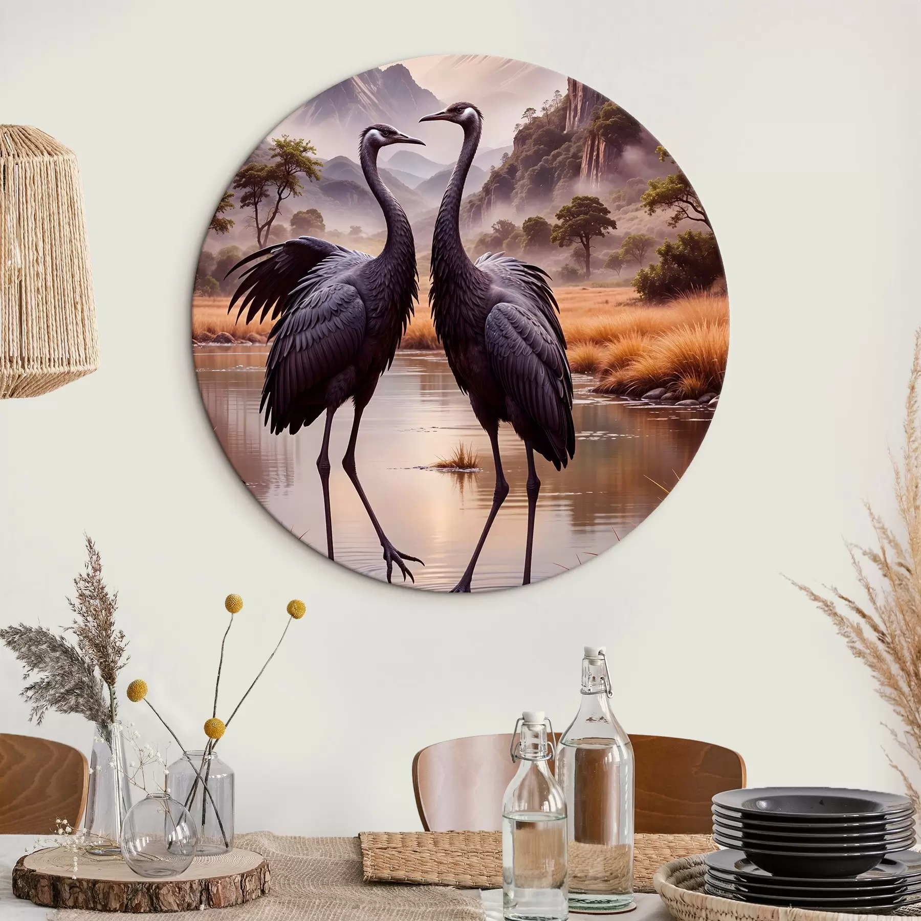 Tablouri Două macarale negre mari în picioare într-un iaz puțin adânc , cu un peisaj muntos în fundal r42240