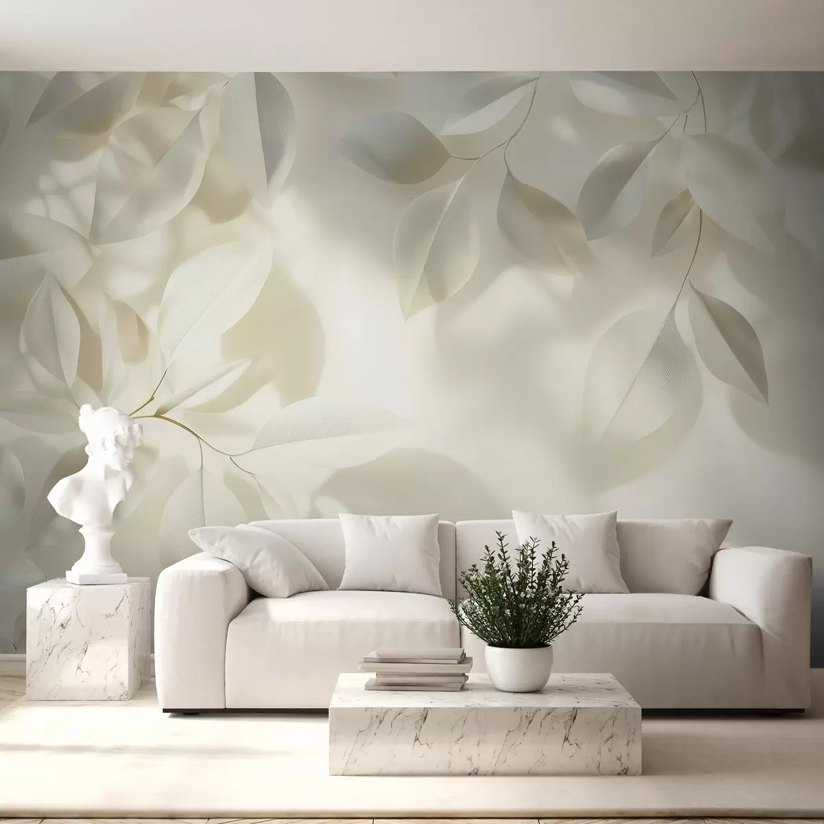 fototapet Agățat ramuri albe cu frunze pe un perete cu lumina soarelui w08552