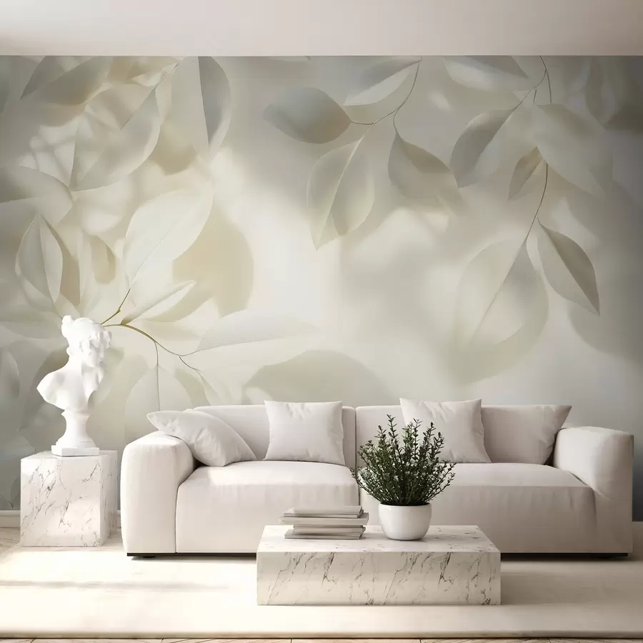 fototapet Agățat ramuri albe cu frunze pe un perete cu lumina soarelui w08552