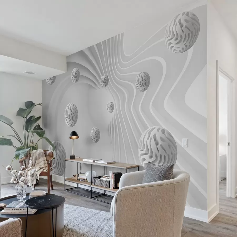 fototapet abstracție gri 3D cu sfere și efect de adâncime w08553