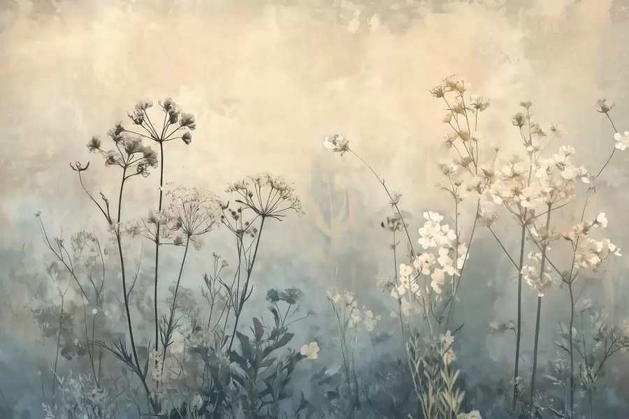 fototapet tapet în stil ecologic cu flori sălbatice și plante pe un fundal texturat w02685