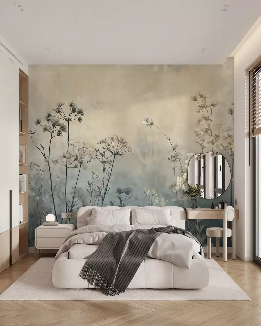 fototapet tapet în stil ecologic cu flori sălbatice și plante pe un fundal texturat w02685