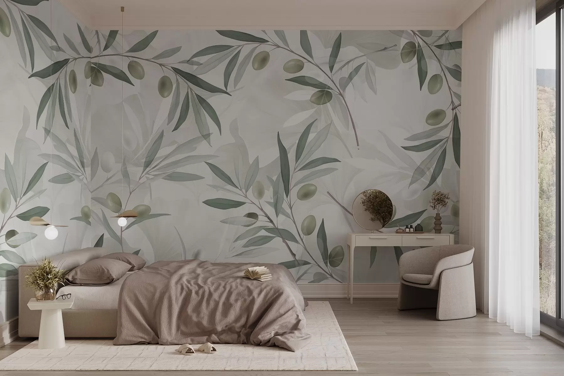 fototapet Ramuri de măslin cu frunze verzi și măsline pe un fundal deschis w08576