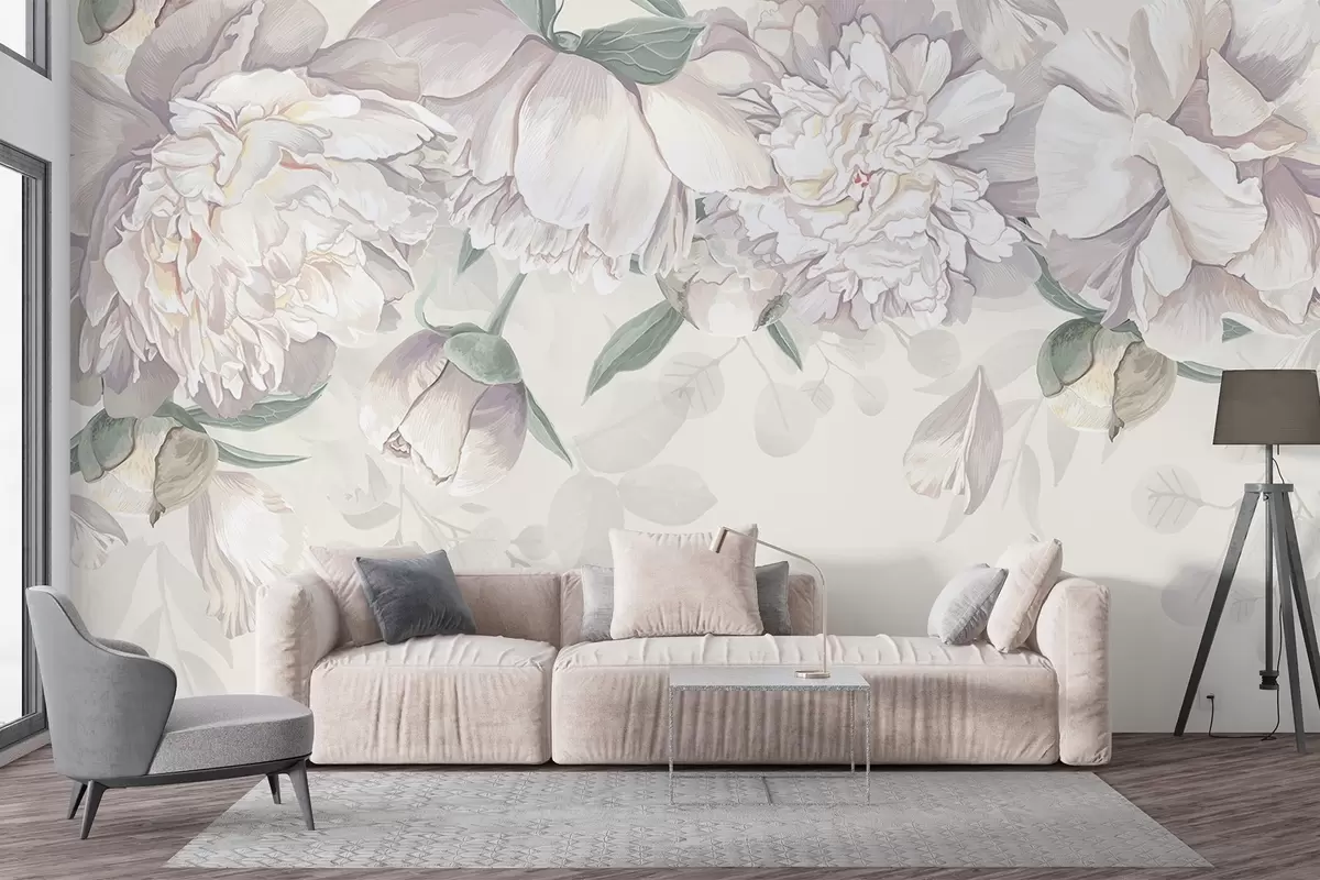 fototapet Bujori delicate albe și roz pastelate cu frunze verzi, aranjate într-un fundal floral moale, romantic w08577