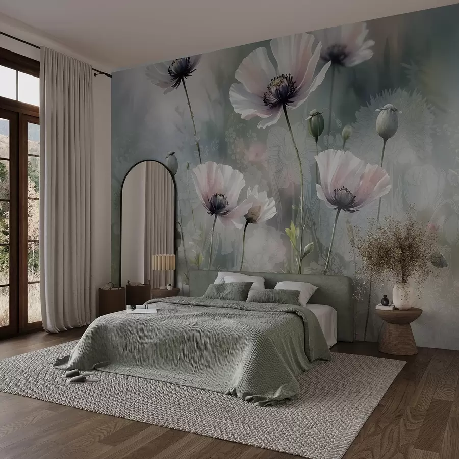 fototapet Delicate maci roz și violet cu tulpini verzi și muguri pe un fundal moale, blurat texturat w08585