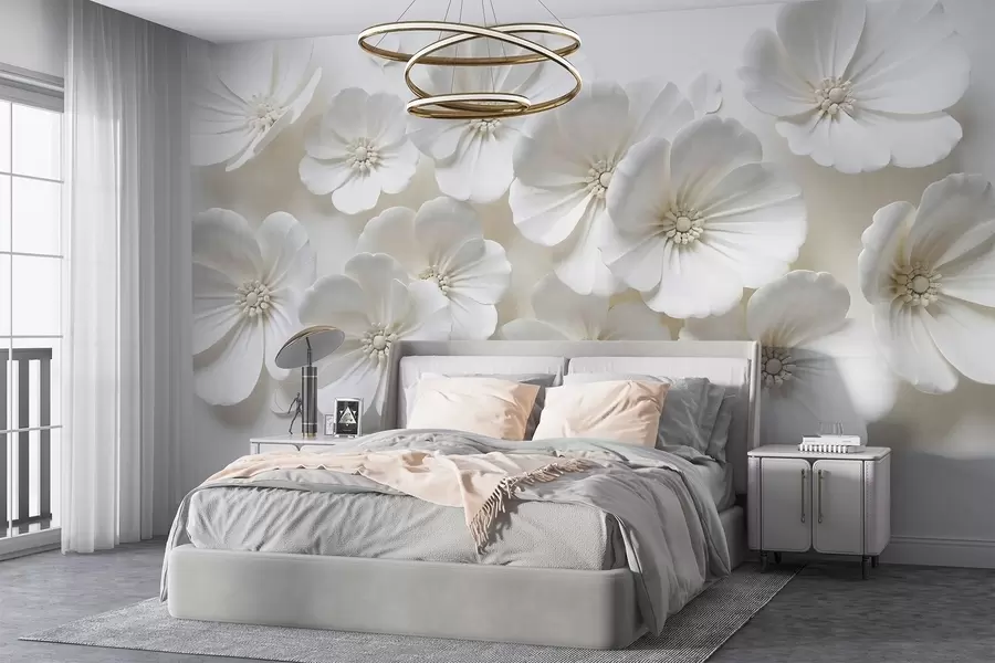fototapet Flori albe cu petale și centre delicate pe un fundal deschis w08587