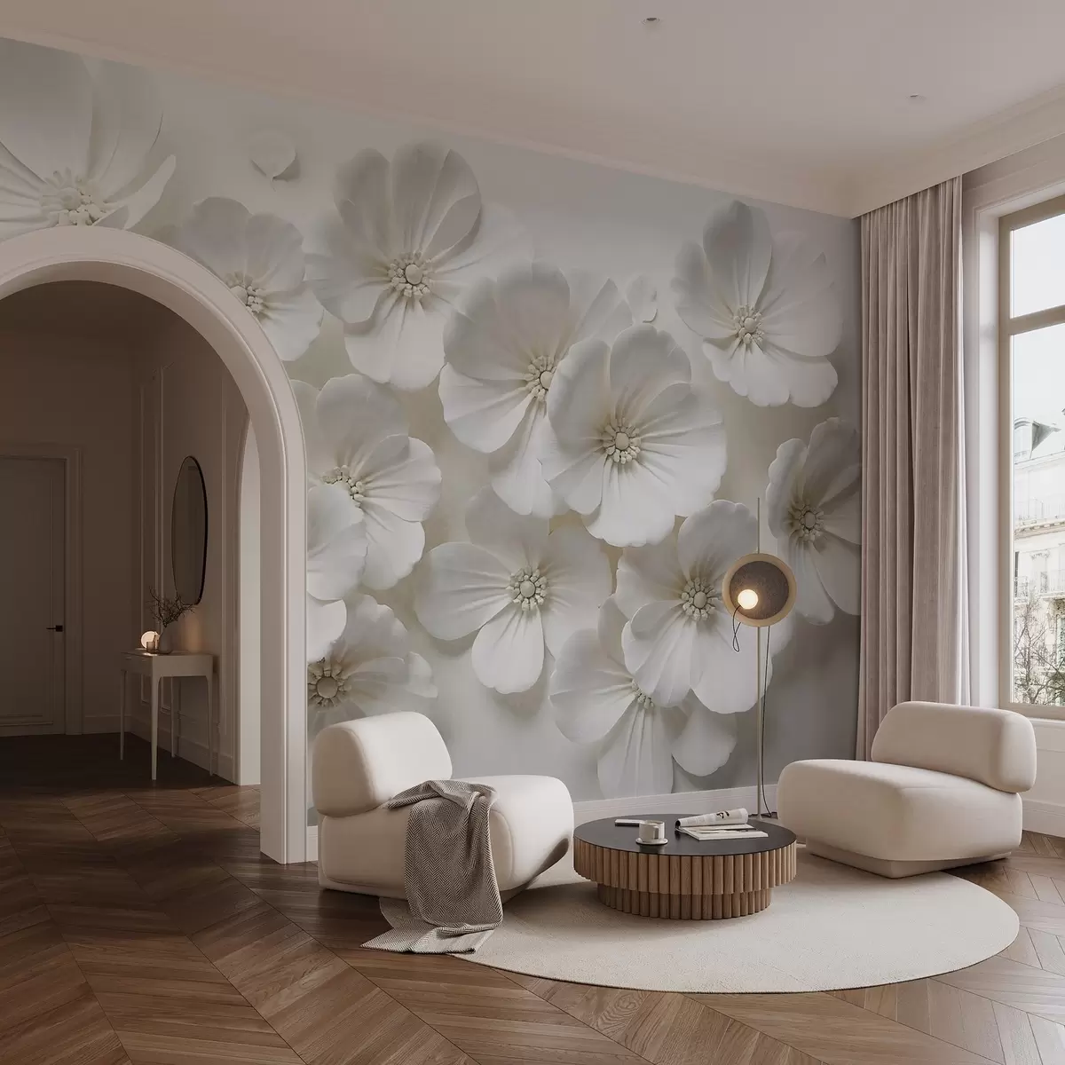 fototapet Flori albe cu petale și centre delicate pe un fundal deschis w08587