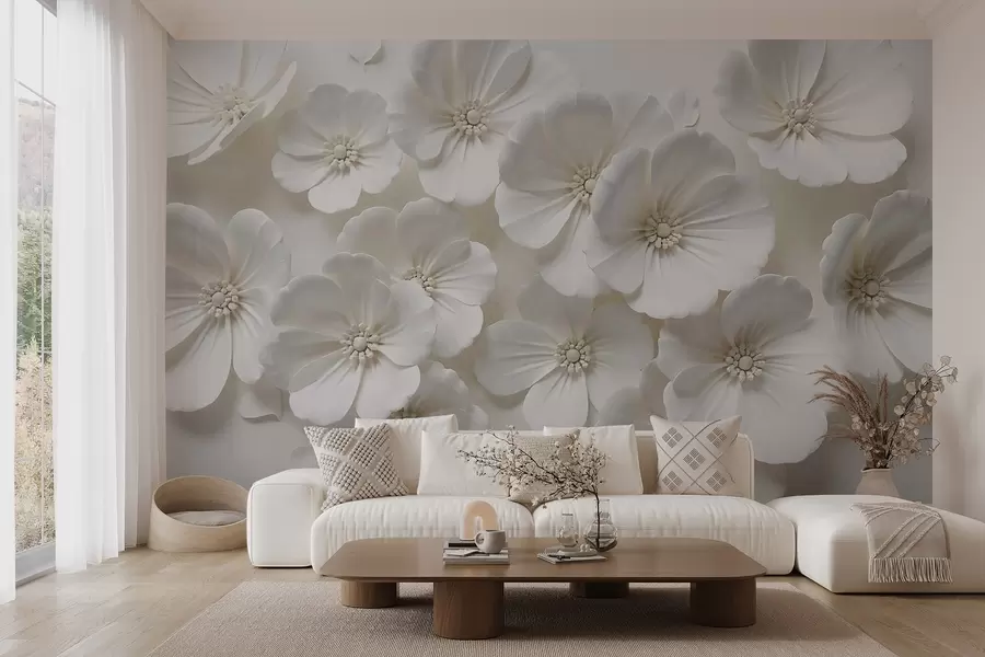 fototapet Flori albe cu petale și centre delicate pe un fundal deschis w08587