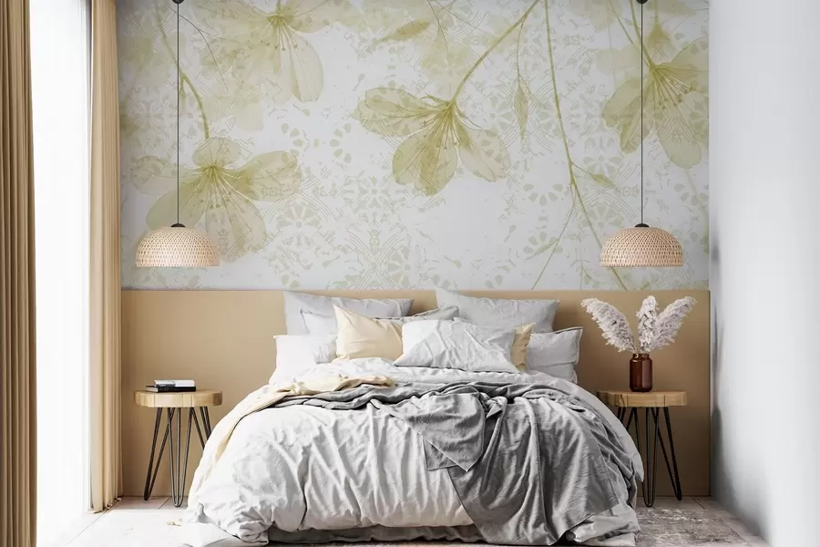 fototapet Flori delicate galbene și albe cu tulpini lungi și petale pe un fundal textural blând, neclar w08588v2