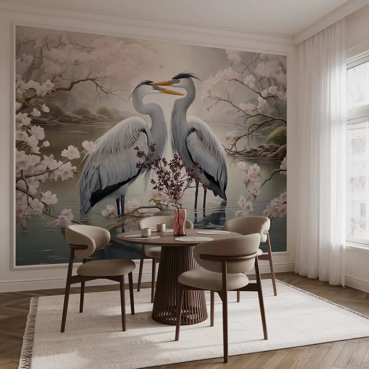 fototapet O pereche de berze într-o grădină înflorită w02621