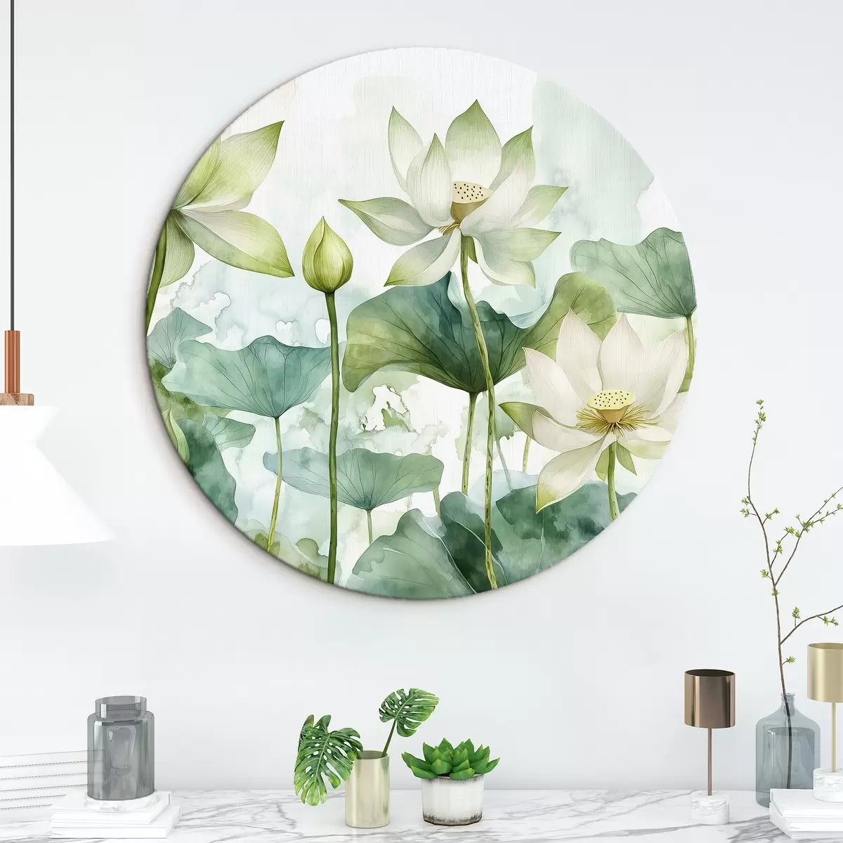 Picturi rotunde Lotuși acuarelă, verdeață luxuriantă r41226