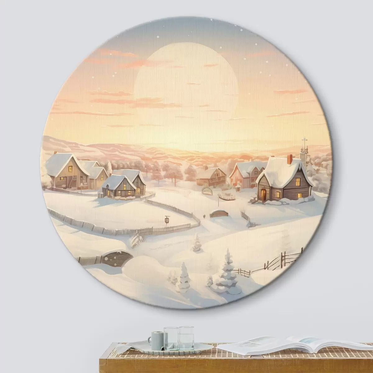 Picturi rotunde Sat de iarnă la apus de soare, case acoperite cu zăpadă, pini r41380