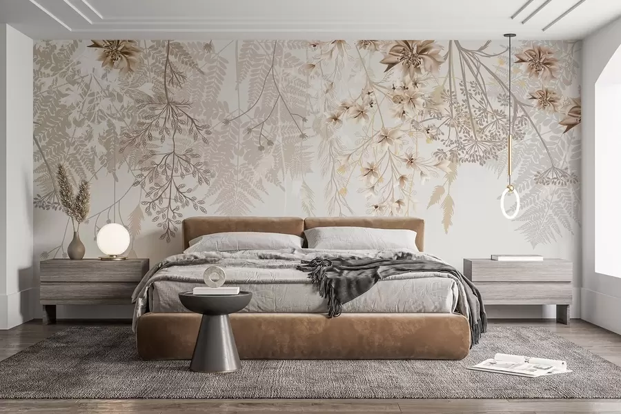 fototapet Ramuri florale delicate și iarbă cu flori albe, gri și bej în cascadă pe un fundal deschis w08598