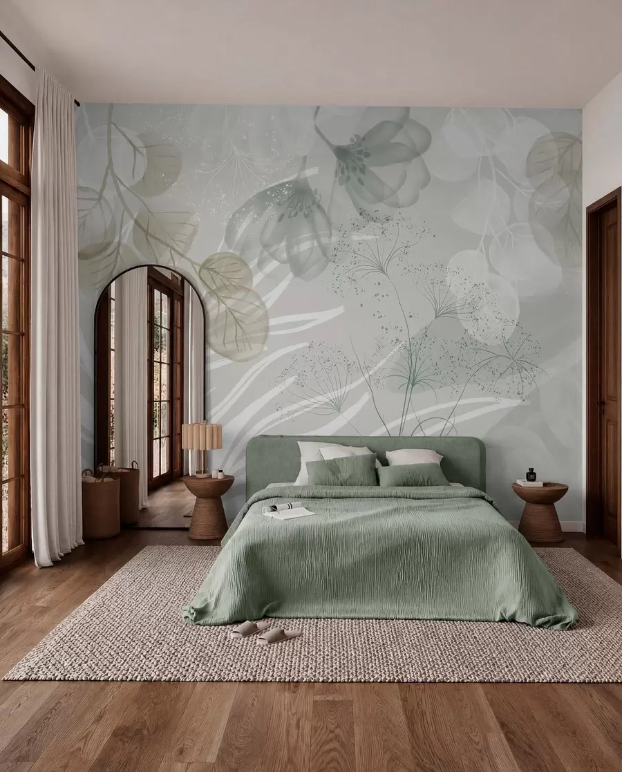 fototapet Elemente florale eucaliptus în nuanțe de verde și alb, cu frunze și petale suprapuse, în stil minimalist w08599v1