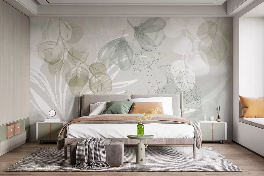 fototapet Elemente florale eucaliptus în nuanțe de verde și alb, cu frunze și petale suprapuse, în stil minimalist w08599v1