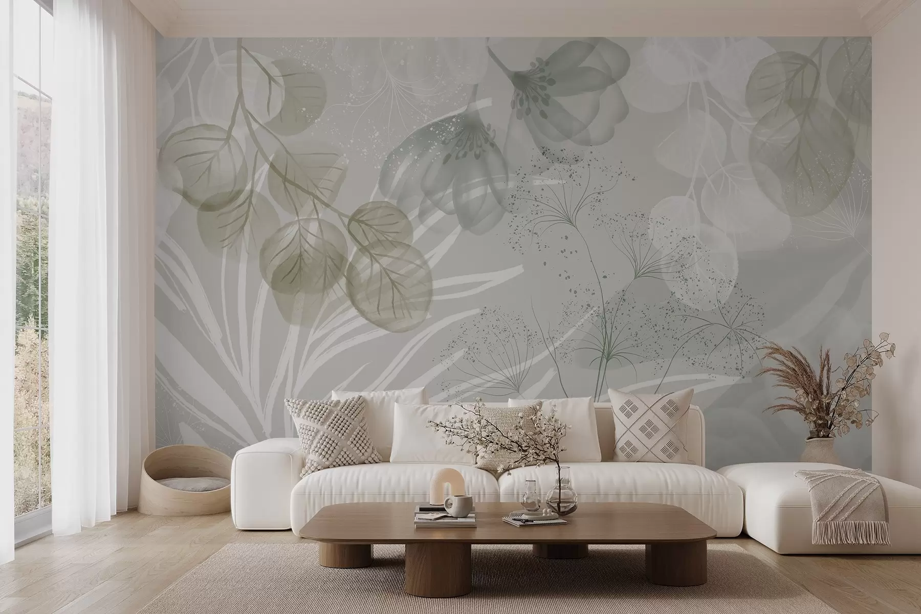 fototapet Elemente florale eucaliptus în nuanțe de verde și alb, cu frunze și petale suprapuse, în stil minimalist w08599v1