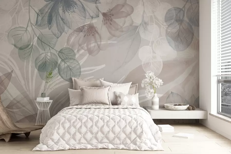 fototapet Imprimeu floral în culori pastelate cu flori și frunze abstracte mari transparente în nuanțe de gri, roz și verde w08600