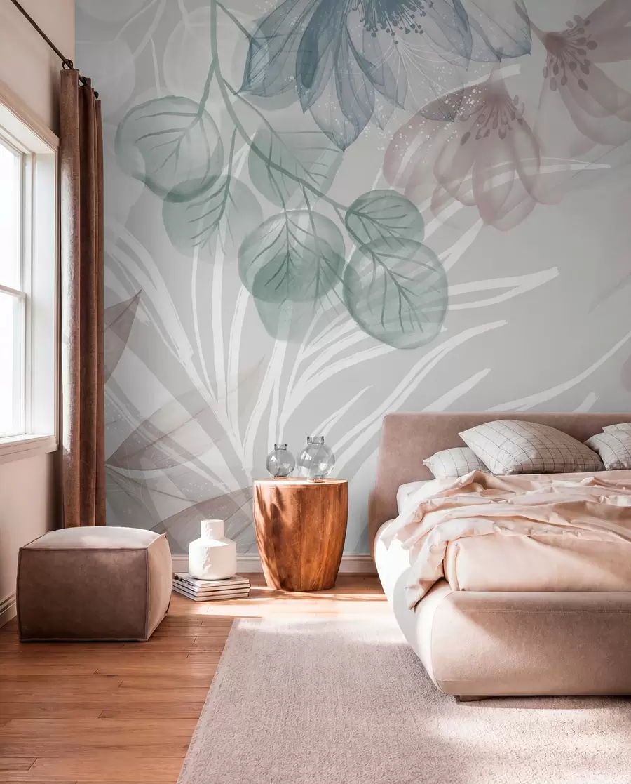 fototapet Imprimeu floral în culori pastelate cu flori și frunze abstracte mari transparente în nuanțe de gri, roz și verde w08600
