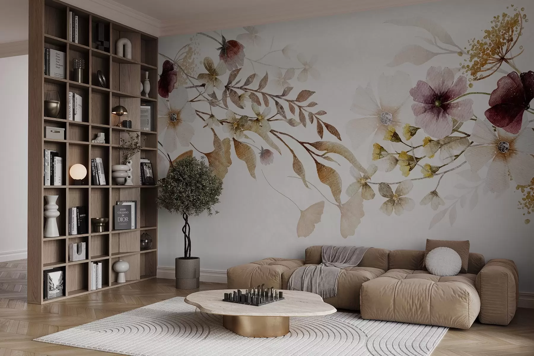 fototapet Aranjament floral cu culori moi, atenuate, cu flori și frunze bej și albe pe un fundal deschis w08603