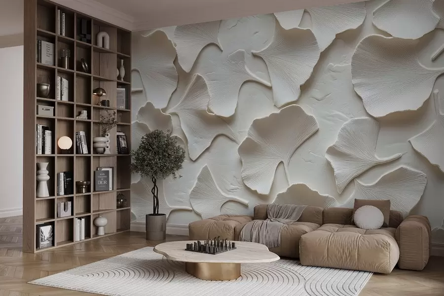 fototapet Stuc cu relief delicat de frunze de ginkgo pe un fundal alb w08560v1