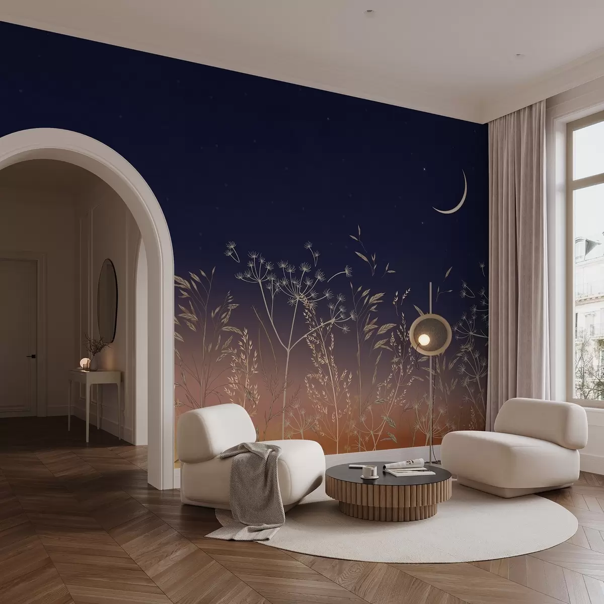 fototapet Dandelions cu flori sălbatice pe un fundal de apus de soare cu un cer albastru și luna w08567