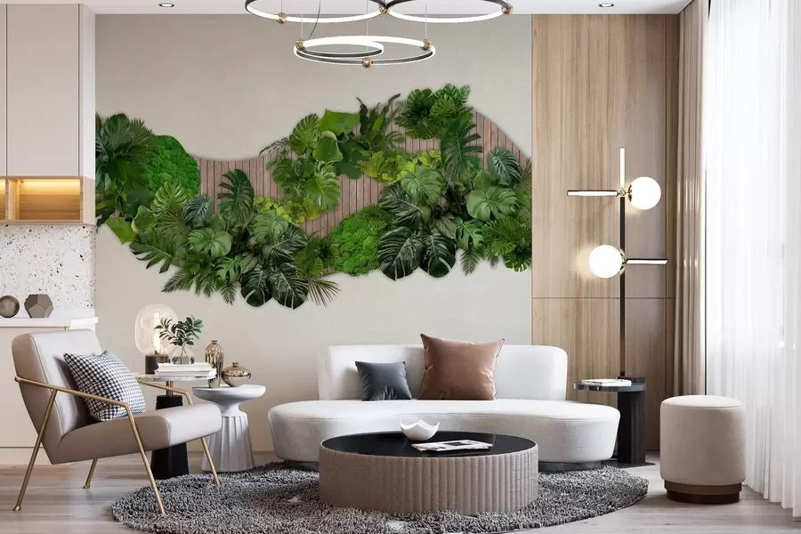 fototapet Panou floral cu frunze de palmier, mușchi și fundal de lemn w02717