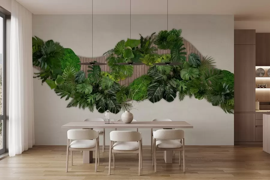 fototapet Panou floral cu frunze de palmier, mușchi și fundal de lemn w02717