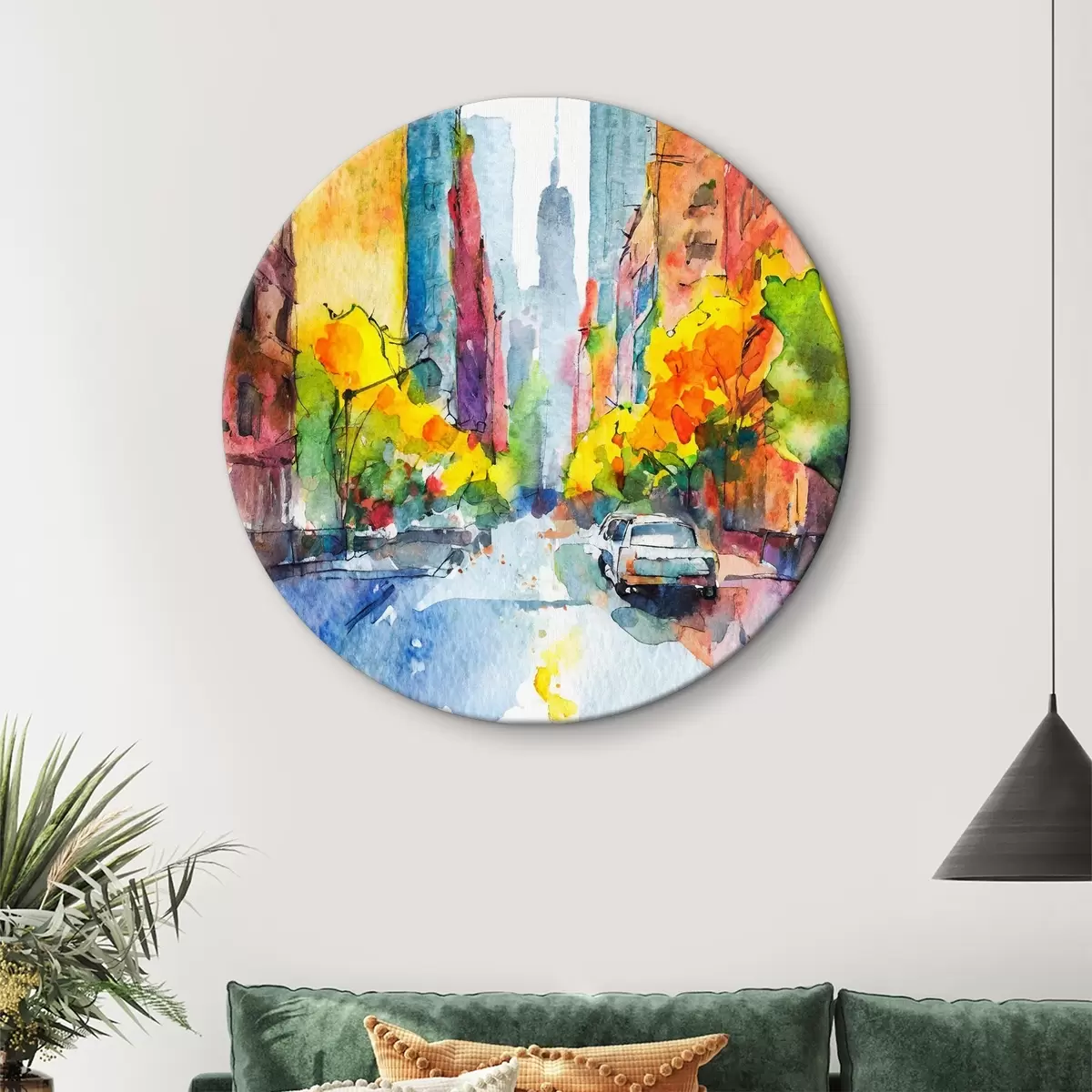 Picturi rotunde New York acuarelă, străzi cu zgârie-nori, artă abstractă r37345
