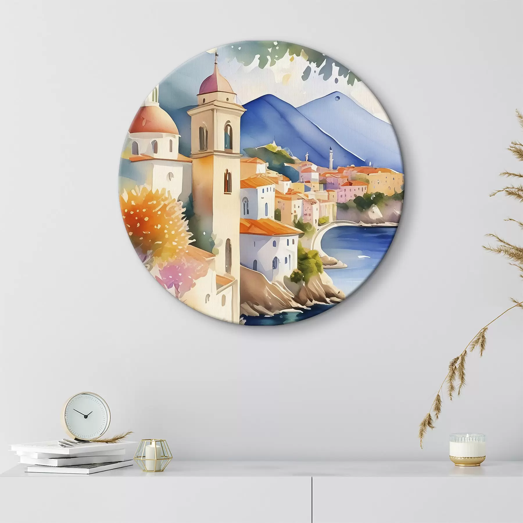 Tablouri O acuarelă reprezentând un oraș pe marginea unui rezervor r38407