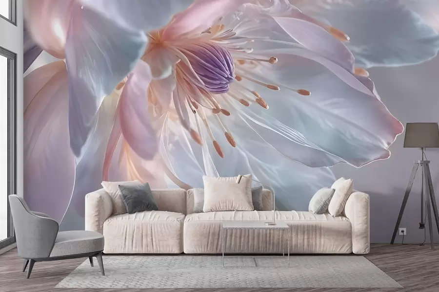 fototapet Un prim-plan al unei flori delicate, de culoare pastel, cu petale moi, translucide și un centru vibrant w08605