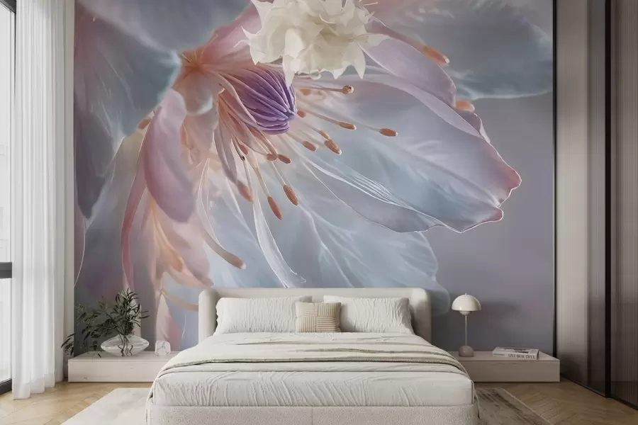 fototapet Un prim-plan al unei flori delicate, de culoare pastel, cu petale moi, translucide și un centru vibrant w08605