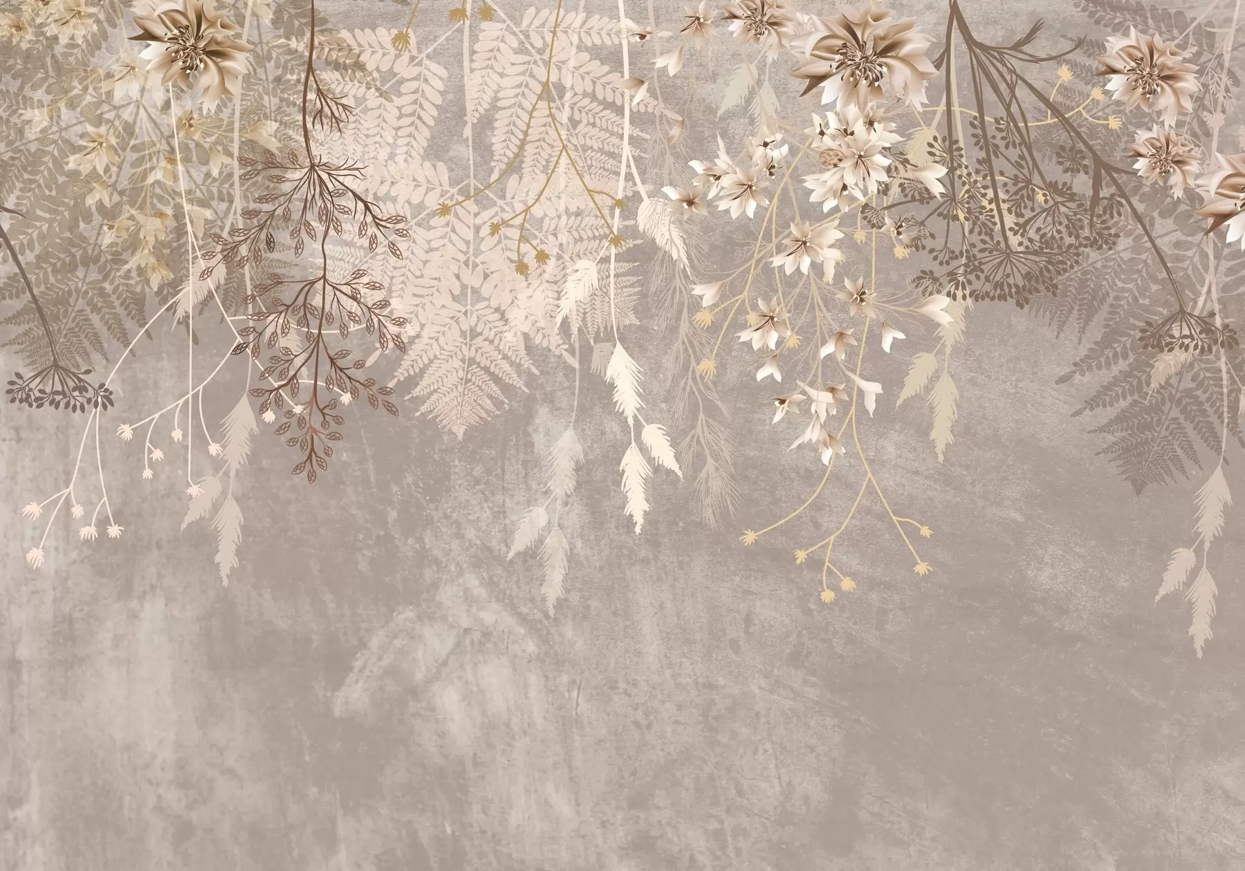 fototapet Un vis, delicat, wispy plante, spikelets și flori în culori pastelate maro pe un fundal cețos, texturat w08606v1