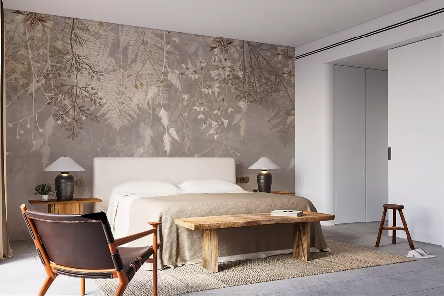 fototapet Un vis, delicat, wispy plante, spikelets și flori în culori pastelate maro pe un fundal cețos, texturat w08606v1