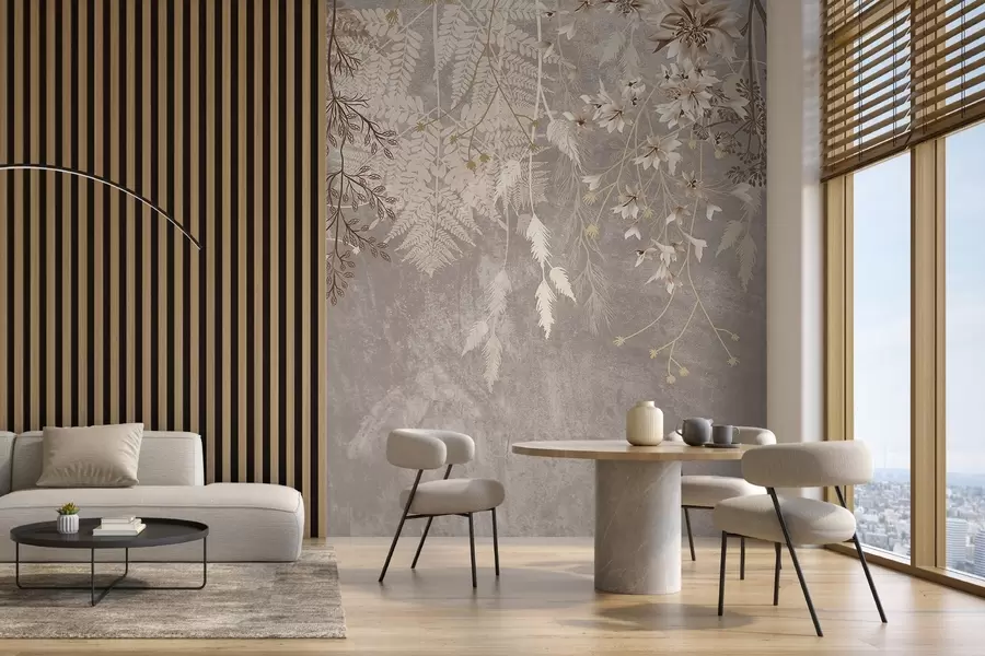 fototapet Un vis, delicat, wispy plante, spikelets și flori în culori pastelate maro pe un fundal cețos, texturat w08606v1