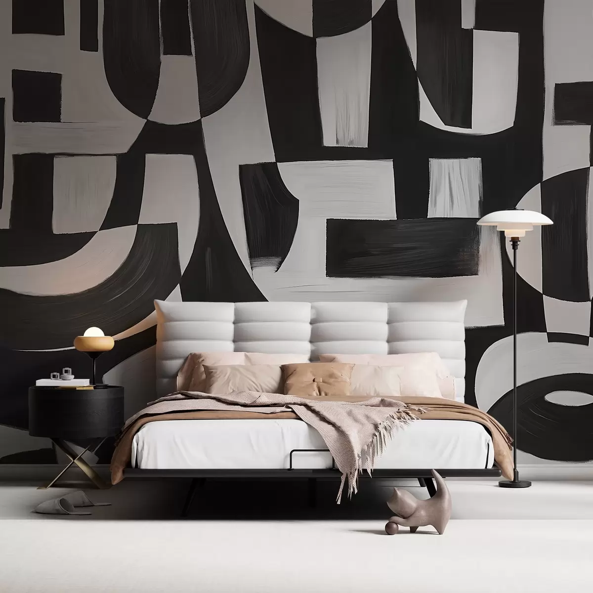 fototapet Forme și modele geometrice abstracte alb-negru, care creează o compoziție vizuală izbitoare și dinamică w08608