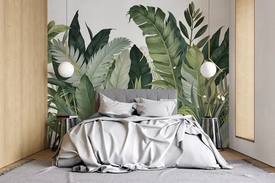 fototapet Frunze tropicale cu diverse frunze verzi mari, inclusiv frunze de bananier, frunze de palmier și alte specii de plante exotice w08609