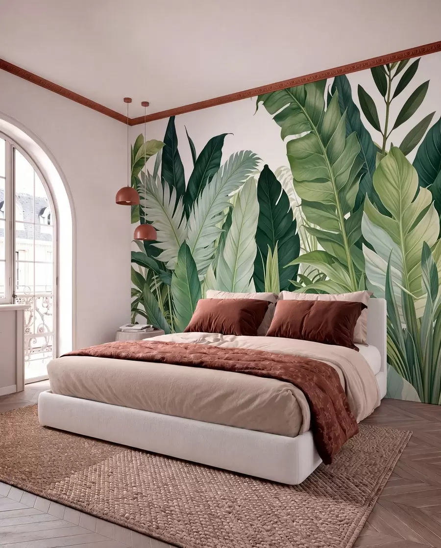 fototapet Frunze tropicale cu diverse frunze verzi mari, inclusiv frunze de bananier, frunze de palmier și alte specii de plante exotice w08609