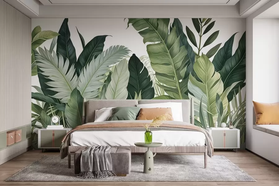 fototapet Frunze tropicale cu diverse frunze verzi mari, inclusiv frunze de bananier, frunze de palmier și alte specii de plante exotice w08609